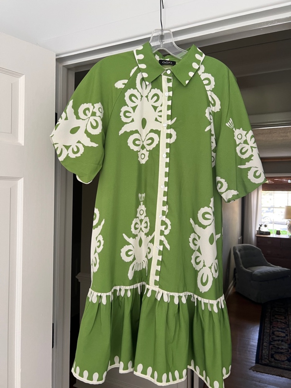 Green and White Printed Mini Dress with Collar